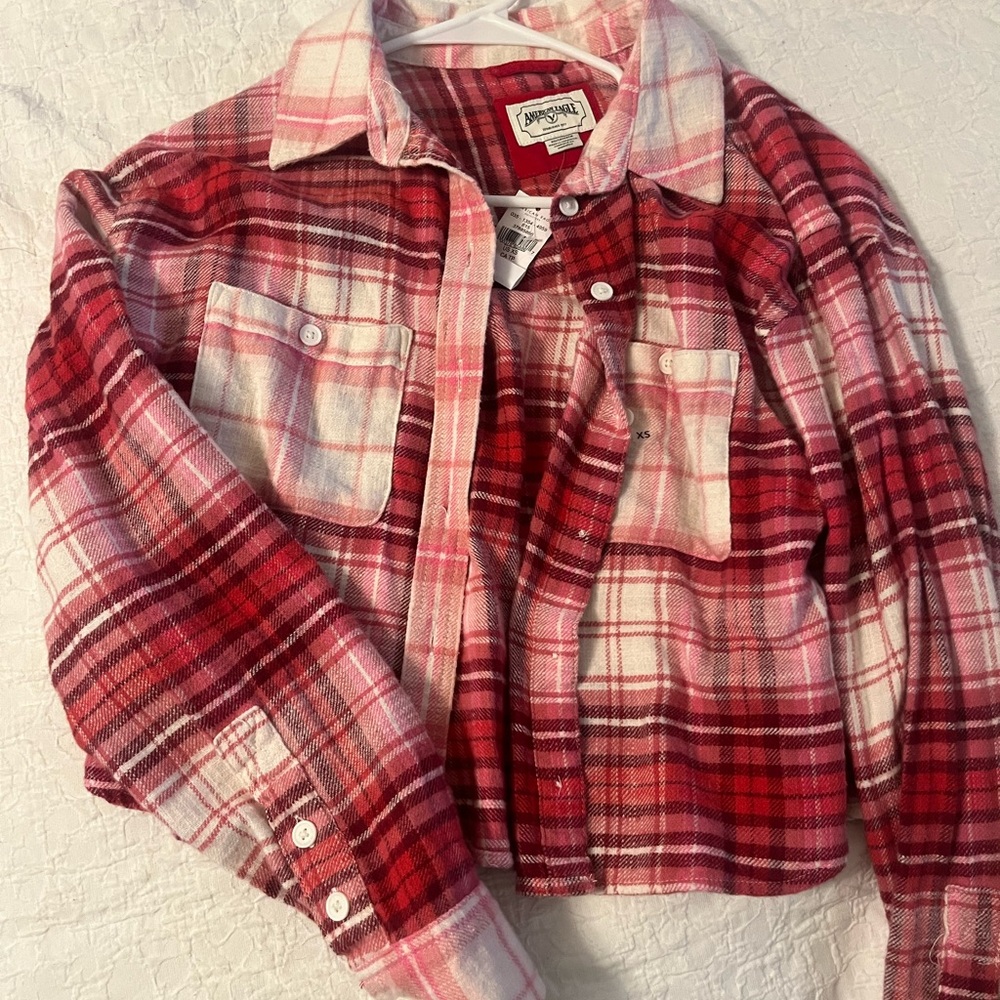 American Eagle Outfitters Red and Pink Plaid Flannel Shirt